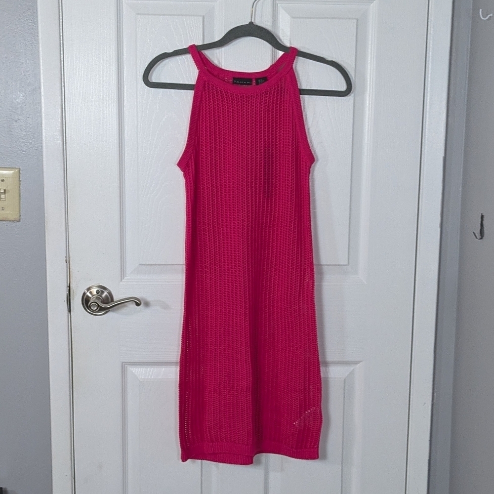 NWT Tahari Bright Pink Crochet Knit High Neck Beach/Festival‎ Tank Dress Size XS